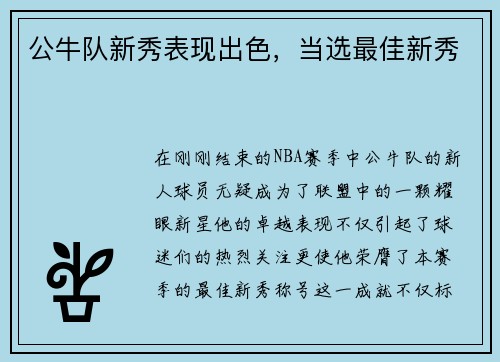公牛队新秀表现出色，当选最佳新秀
