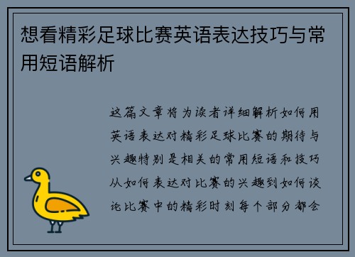 想看精彩足球比赛英语表达技巧与常用短语解析