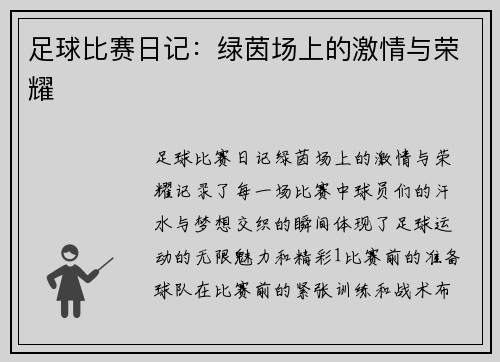 足球比赛日记：绿茵场上的激情与荣耀