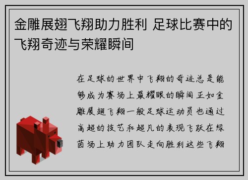 金雕展翅飞翔助力胜利 足球比赛中的飞翔奇迹与荣耀瞬间