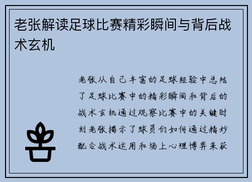 老张解读足球比赛精彩瞬间与背后战术玄机