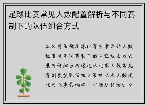 足球比赛常见人数配置解析与不同赛制下的队伍组合方式