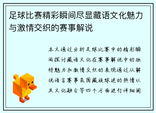 足球比赛精彩瞬间尽显藏语文化魅力与激情交织的赛事解说