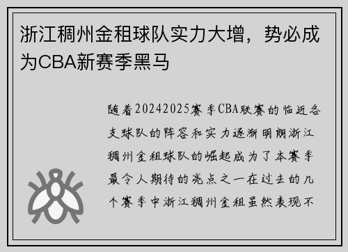 浙江稠州金租球队实力大增，势必成为CBA新赛季黑马
