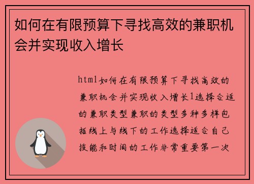 如何在有限预算下寻找高效的兼职机会并实现收入增长