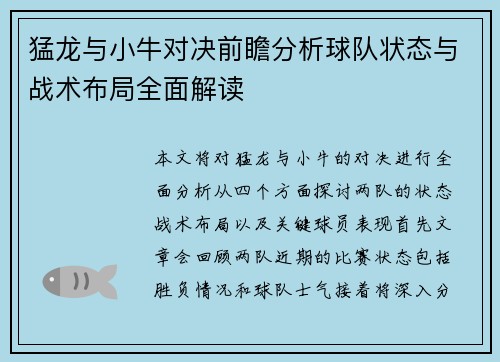 猛龙与小牛对决前瞻分析球队状态与战术布局全面解读