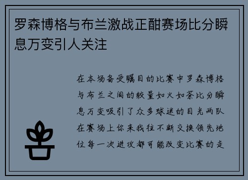 罗森博格与布兰激战正酣赛场比分瞬息万变引人关注