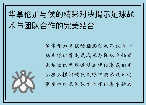 华拿伦加与侯的精彩对决揭示足球战术与团队合作的完美结合