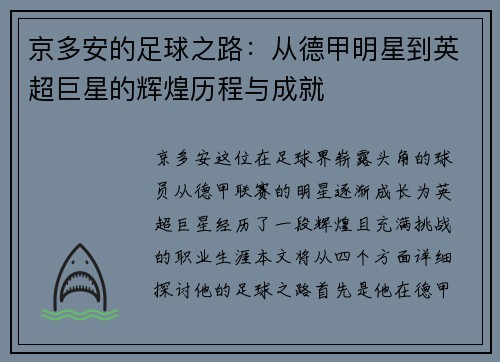 京多安的足球之路：从德甲明星到英超巨星的辉煌历程与成就