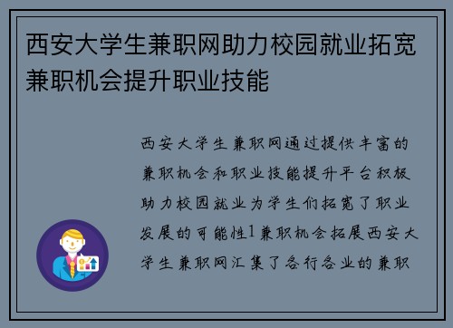 西安大学生兼职网助力校园就业拓宽兼职机会提升职业技能